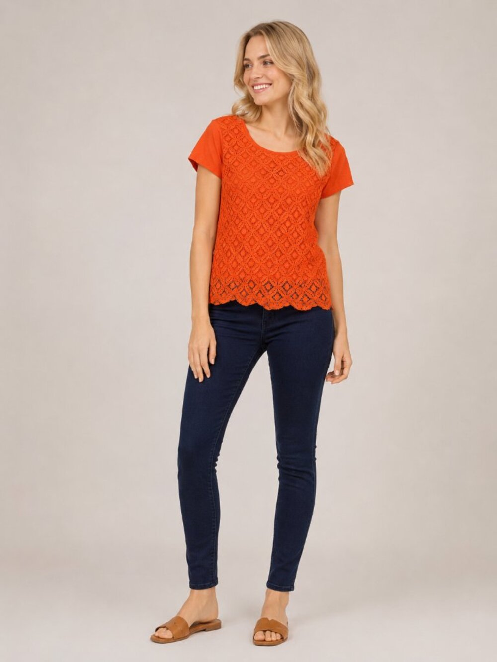 2/$30 Chico's Crochet Lace Scallop Tee Short Sleeve Orange 8 #A4110